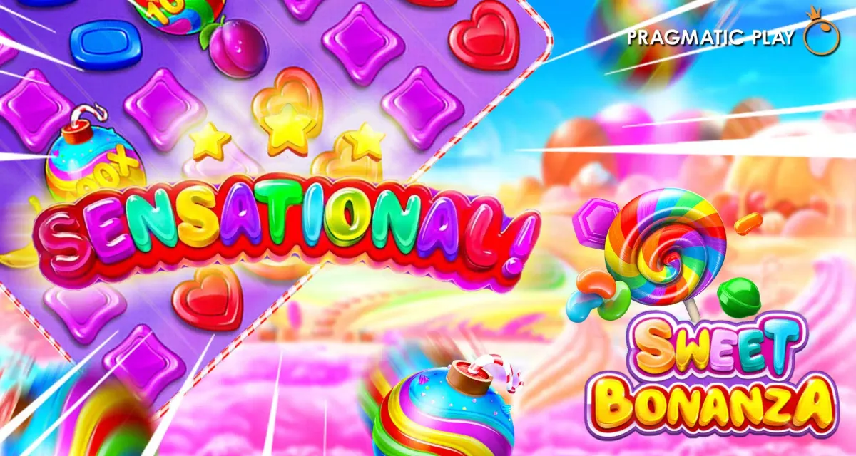 Sweet Bonanza 老虎機遊戲畫面，繽紛糖果水果主題與 5x6 盤面