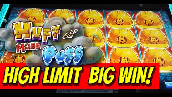 Huff N Puff 系列老虎機遊戲畫面，Light & Wonder 三隻小豬主題大野狼吹房子老虎機